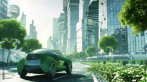 Obraz na płótnie A charming sight of a car ingeniously fashioned out of verdant green leaves, set amidst the bustling backdrop of a sunlit cityscape. AI generated illustration w salonie