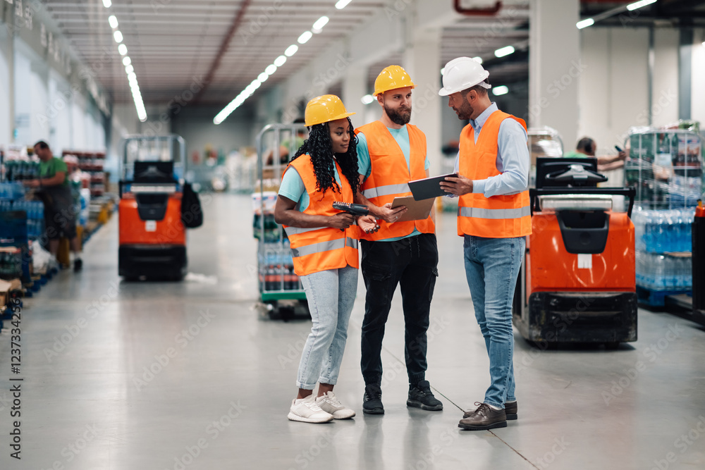 Warehouse workers discussing logistics using digital tablet and barcode scanner Warehouse workers discussing logistics using digital tablet and barcode scanner