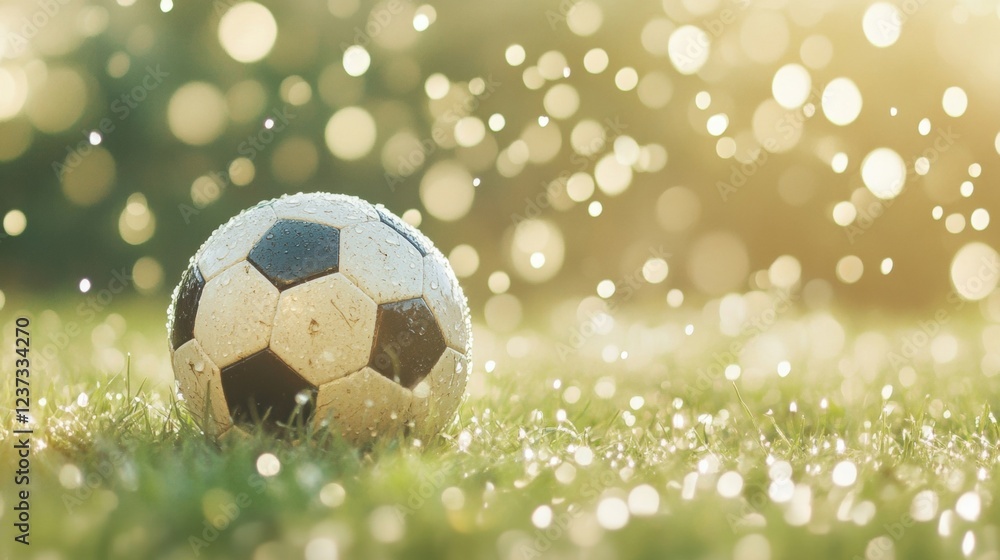 Obraz premium A classic soccer ball sits on lush, dewy grass while sunlight sparkles and creates a vibrant, fresh atmosphere in the morning