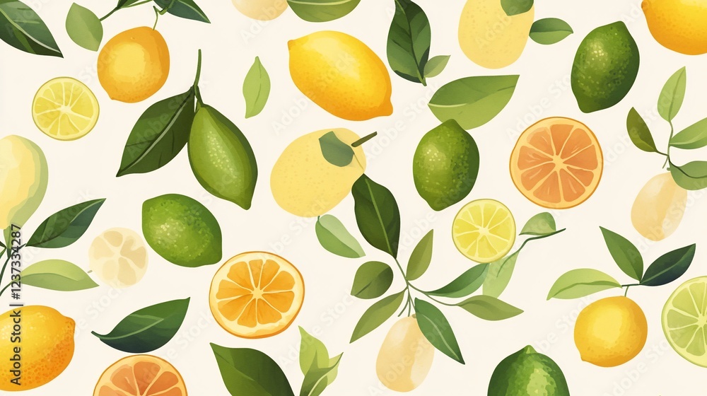 Seamless Pattern of Various Citrus Fruits Including Lemons Limes and Orange Slices on a Cream Background