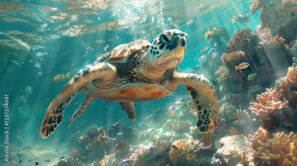 Obraz premium Sea turtle swims through coral reef with sunlight and bubbles. AI generative. .