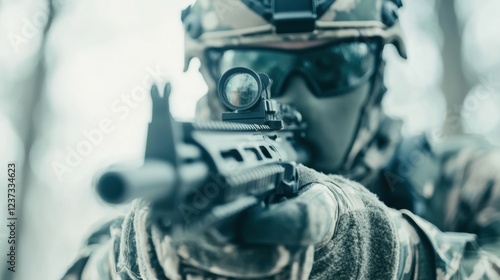 Soldier dressed in tactical gear aims a firearm indoors, focused and prepared for action during a military exercise photo