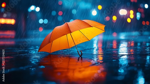 Wallpaper Mural Orange umbrella in rainy city at night; reflections, bokeh.  Use mood, weather. Torontodigital.ca