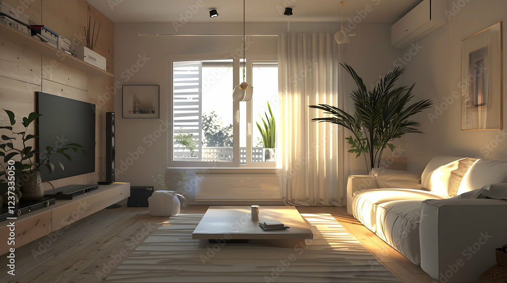 Fototapeta premium A cozy living room with natural light, plants, and modern furnishings.