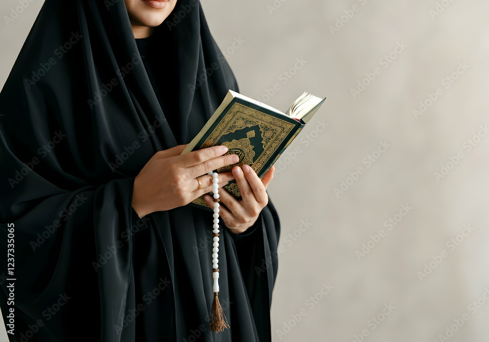 Ramadan Blessings Woman in Black Abaya with Quran and Prayer Beads Happy Ramadan Mubarak Ramadan Blessings Woman in Black Abaya with Quran and Prayer Beads Happy Ramadan Mubarak