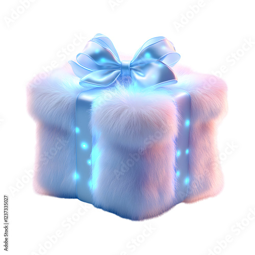Fluffy 3D Cartoon Gift Box with Glowing Ribbons and Blue Bow Isolated on Transparent Background
