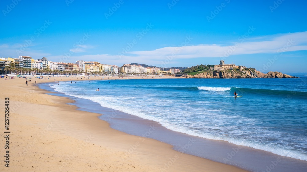 Beautiful Coastal Scene with Sandy Beach, Surfer, and City Skyline on a Sunny Day Beautiful Coastal Scene with Sandy Beach, Surfer, and City Skyline on a Sunny Day