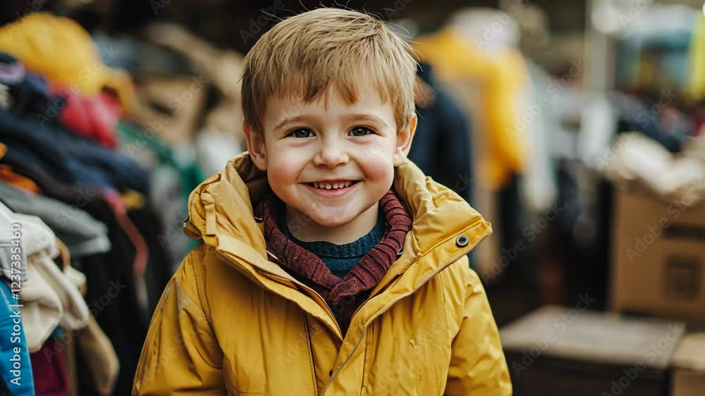 Bright smile of a young boy in a cozy yellow jacket at a bustling marketplace during daytime Bright smile of a young boy in a cozy yellow jacket at a bustling marketplace during daytime