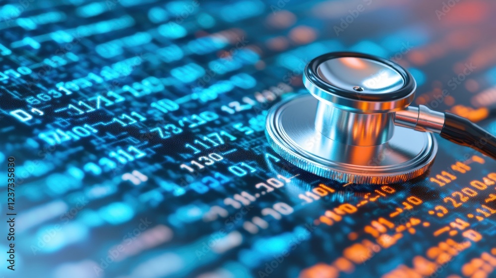 A stethoscope rests elegantly on a vibrant digital health data background, symbolizing the fusion of medicine and technology for patient care