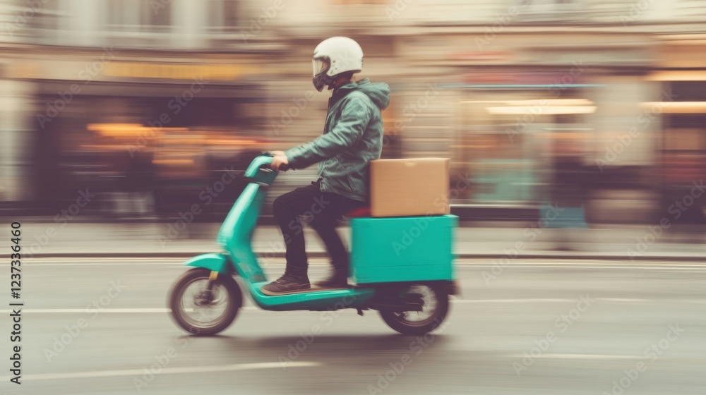 A delivery person moves swiftly on a green scooter, navigating city streets while carrying packages in the evening rush A delivery person moves swiftly on a green scooter, navigating city streets while carrying packages in the evening rush