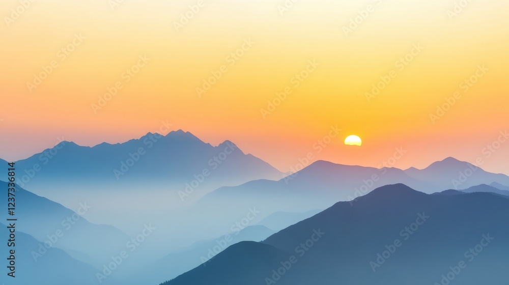Fototapeta premium As daylight fades, a beautiful sunset blankets the mountain range in warm hues, creating a peaceful ambiance and stunning silhouettes