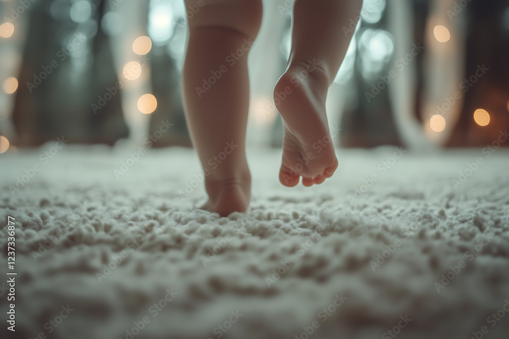Close-up of baby feet taking first steps on a soft carpet, warm and cozy home atmosphere, childhood growth and innocence Close-up of baby feet taking first steps on a soft carpet, warm and cozy home atmosphere, childhood growth and innocence