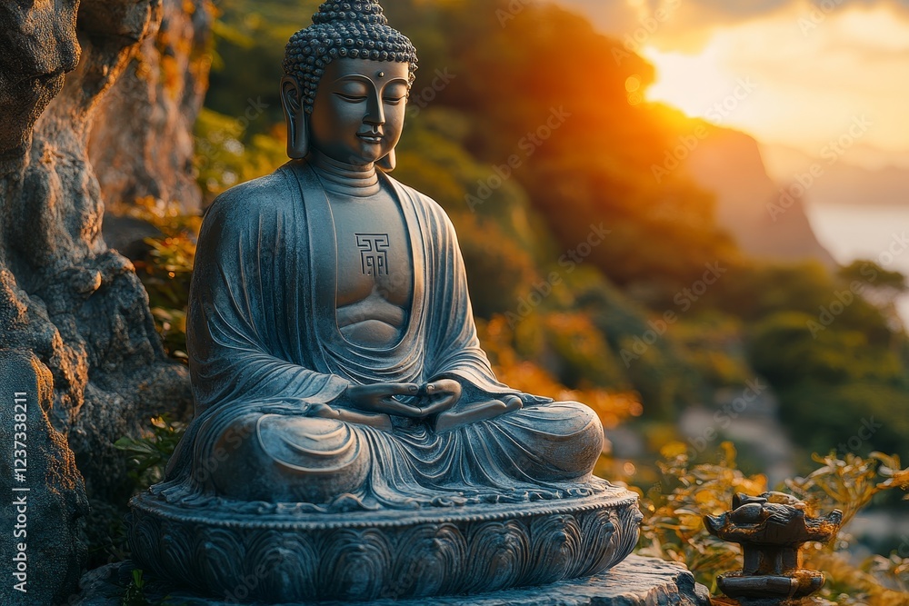 Fototapeta premium Serene Buddha statue at sunset cliffside