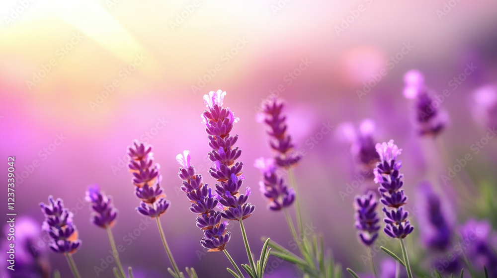 Naklejka premium Lavender flowers in field, showcasing vibrant purple hues and soft sunlight. serene atmosphere evokes sense of calm and tranquility, perfect for relaxation and nature lovers