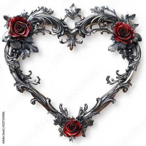 heart shaped silver frame with roses isolated in white