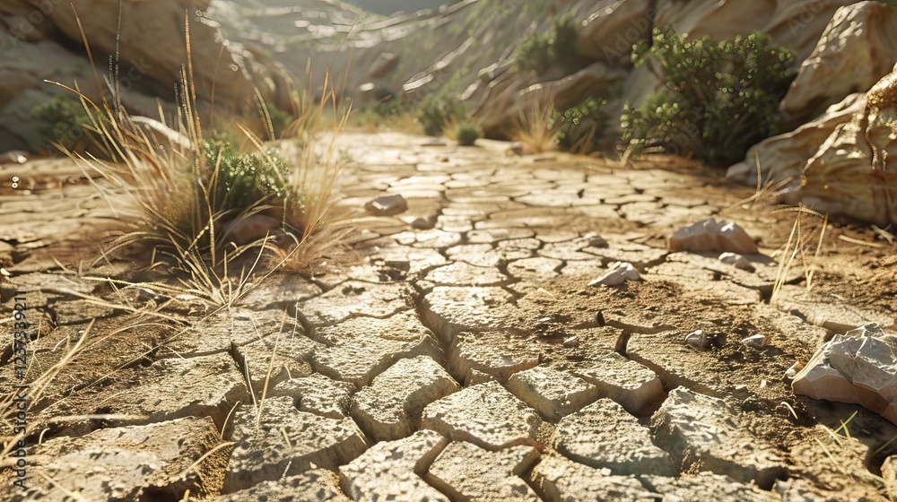 Drought dry cracked landscape with lakebed and dead riverbed due to water shortage and climate change. AI generated illustration Drought dry cracked landscape with lakebed and dead riverbed due to water shortage and climate change. AI generated illustration