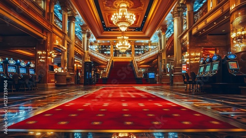 Opulent Casino Interior with Red Carpet Grand Staircase and Slot Machines