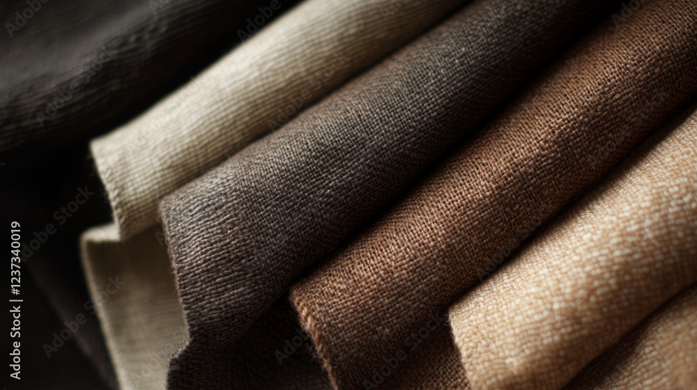 Fototapeta premium close-up photo of natural fabrics of different shades of brown twisted in rolls with a clear, large structure. mocha color 2025