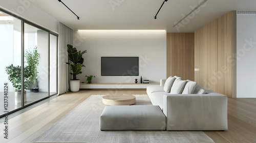Modern living room with a minimalist design and large windows.
