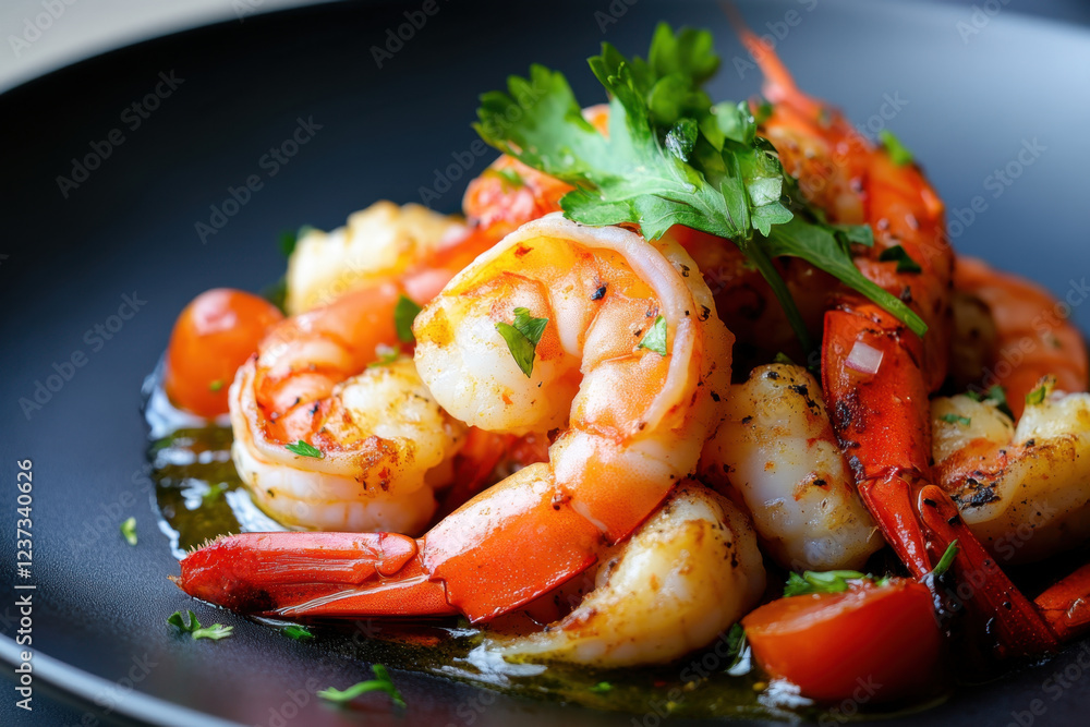 Delicious shrimp and lobster dish garnished with fresh herbs and tomatoes, showcasing vibrant colors and textures. Perfect for seafood lovers Delicious shrimp and lobster dish garnished with fresh herbs and tomatoes, showcasing vibrant colors and textures. Perfect for seafood lovers