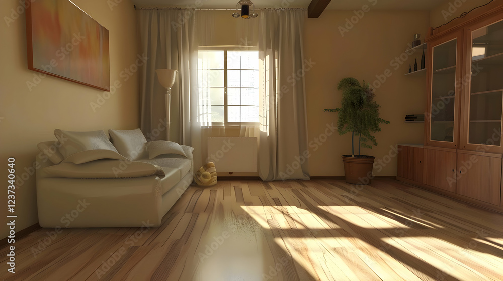 A cozy living room with natural light, a sofa, and a plant, creating a warm atmosphere. A cozy living room with natural light, a sofa, and a plant, creating a warm atmosphere.