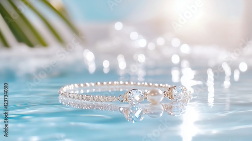 Delicate bracelet adorned with sparkling gemstones and a lustrous pearl resting on a tranquil blue surface