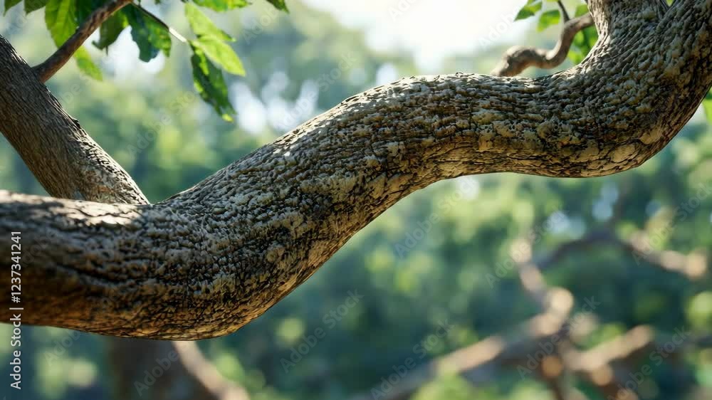 Curving tree branch showcases intricate textures under soft sunlight in a natural setting Curving tree branch showcases intricate textures under soft sunlight in a natural setting