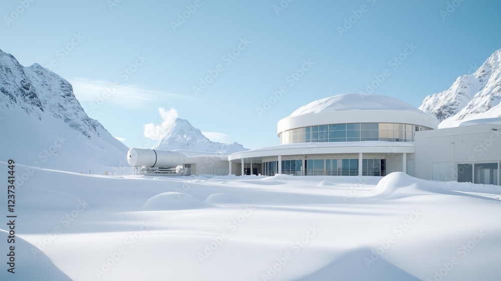 A pristine white research facility nestled in a snow-covered mountain landscape The stark contrast highlights the fragility of the Arctic environment A pristine white research facility nestled in a snow-covered mountain landscape The stark contrast highlights the fragility of the Arctic environment