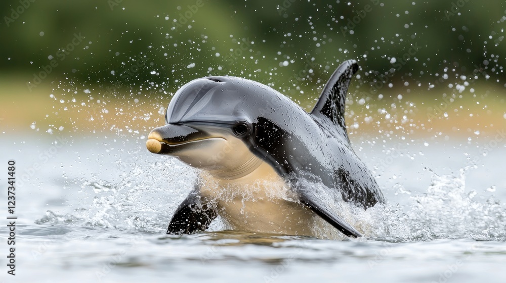 Obraz premium Dolphin leaping, coastal waters, green background, wildlife