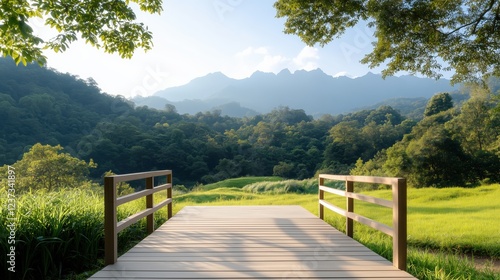 Serene wooden walkway leading to a breathtaking mountain vista Lush greenery and tranquil atmosphere