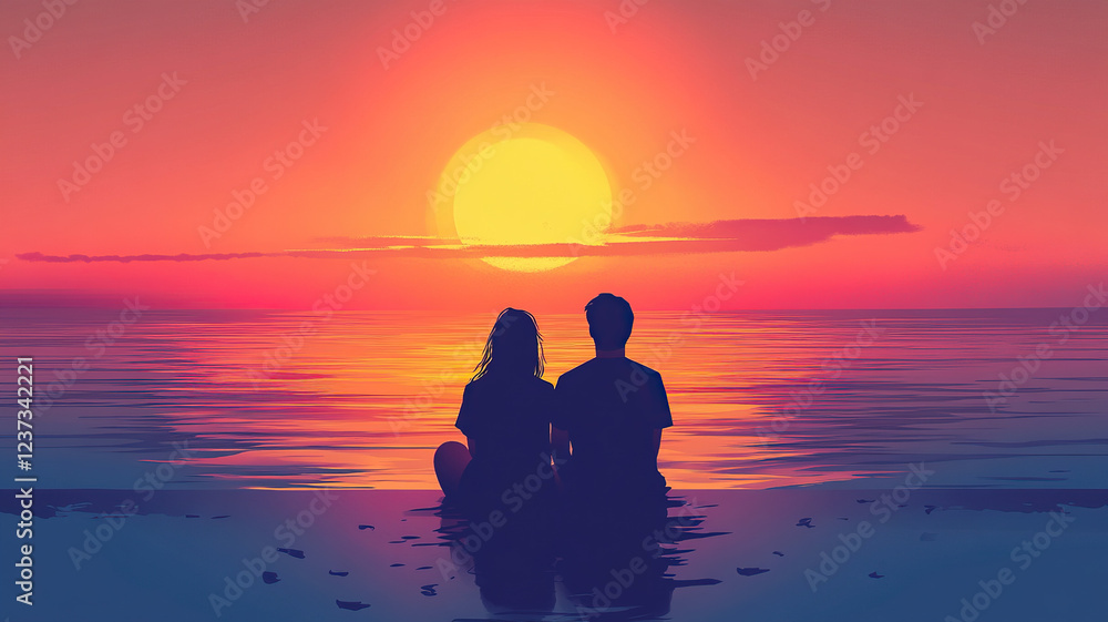 romantic couple lo-fi cartoon turn your back in hills view beautiful sunset on beach for Valentine Days romantic couple lo-fi cartoon turn your back in hills view beautiful sunset on beach for Valentine Days