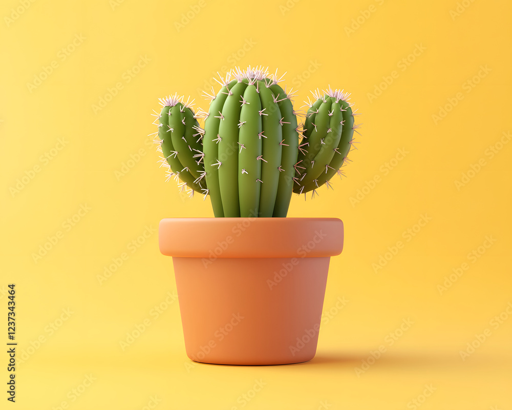 Three-Section Cactus in Terracotta Pot on Yellow Background Three-Section Cactus in Terracotta Pot on Yellow Background