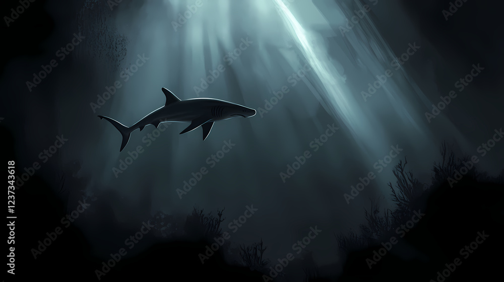 Fototapeta premium A lone hammerhead shark swims in the deep, illuminated by soft rays of light. Moody Monochrome. Illustration