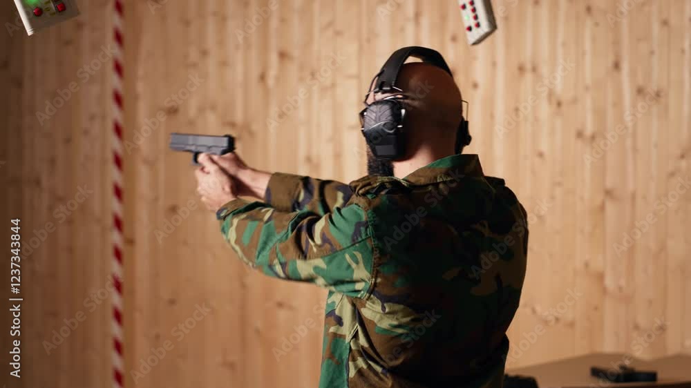 Army soldier in shooting range reloads pistol, shooting target, testing accuracy, looking at results. Military man in firing range practices with weapon, checking to see if he shot bullseye, camera B Army soldier in shooting range reloads pistol, shooting target, testing accuracy, looking at results. Military man in firing range practices with weapon, checking to see if he shot bullseye, camera B