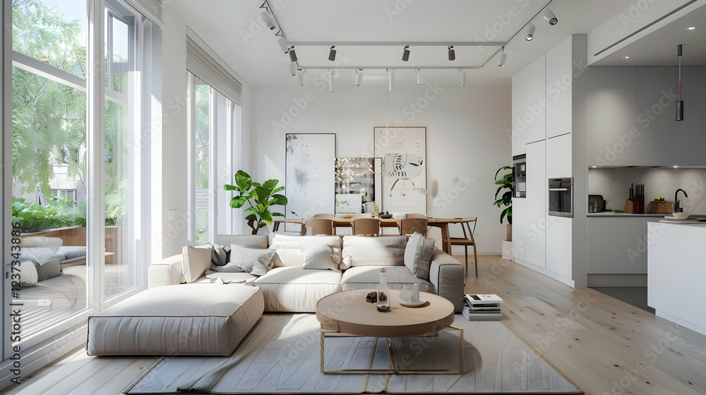 Fototapeta premium Modern living room with open kitchen, featuring natural light and stylish furniture.