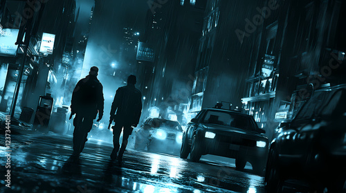Agents pursue fugitive hiding in gritty futuristic city streets at night - high-stakes chase through moody monochromatic urban landscape. sci-fi. illustration. Moody Monochrome. Illustration