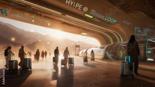 Futuristic Travel Hub with Advanced Transportation and Desert Landscape