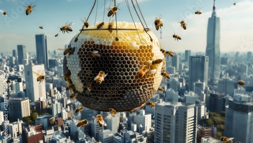 Suspended Spherical Beehive Above Modern City Skyline Showing Urban Beekeeping Innovation