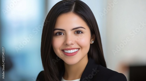 Wallpaper Mural A young professional woman is smiling warmly while seated in a stylish office, showcasing her confidence and professionalism in a bright atmosphere Torontodigital.ca