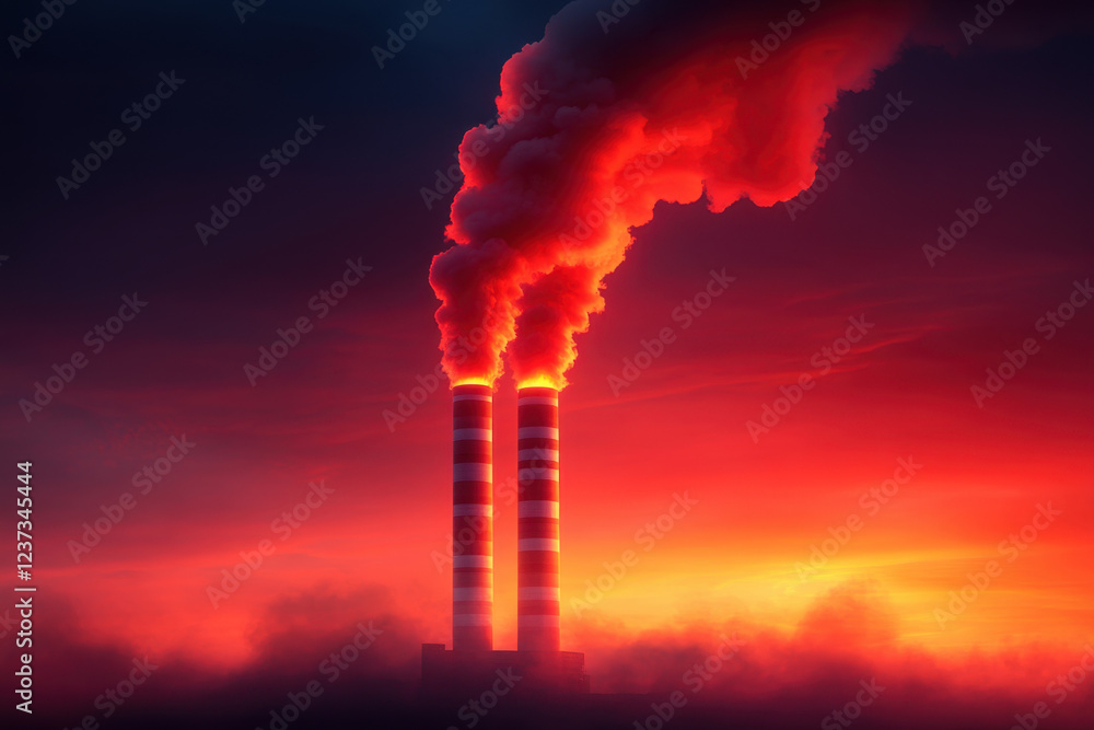 Fototapeta premium Modern factory emitting smoke into atmosphere at sunset, highlighting environmental pollution and industrial impact. vibrant colors evoke sense of urgency