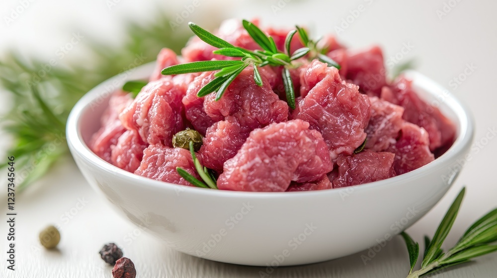 Fresh diced beef rosemary herbs cooking prep Fresh diced beef rosemary herbs cooking prep