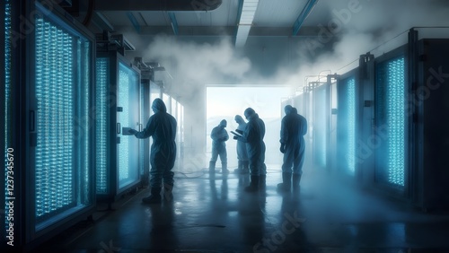 Scientists in Protective Suits Working in a High-Tech Laboratory with Blue Lighting and Steam