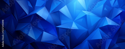 Vibrant abstract crystal background featuring a mosaic of interconnected blue triangles, creating a dynamic, geometric pattern with varying shades and depth.