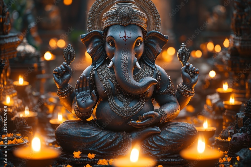 Obraz premium Ganesha statue, temple, candles, night, prayer, spirituality, faith, India