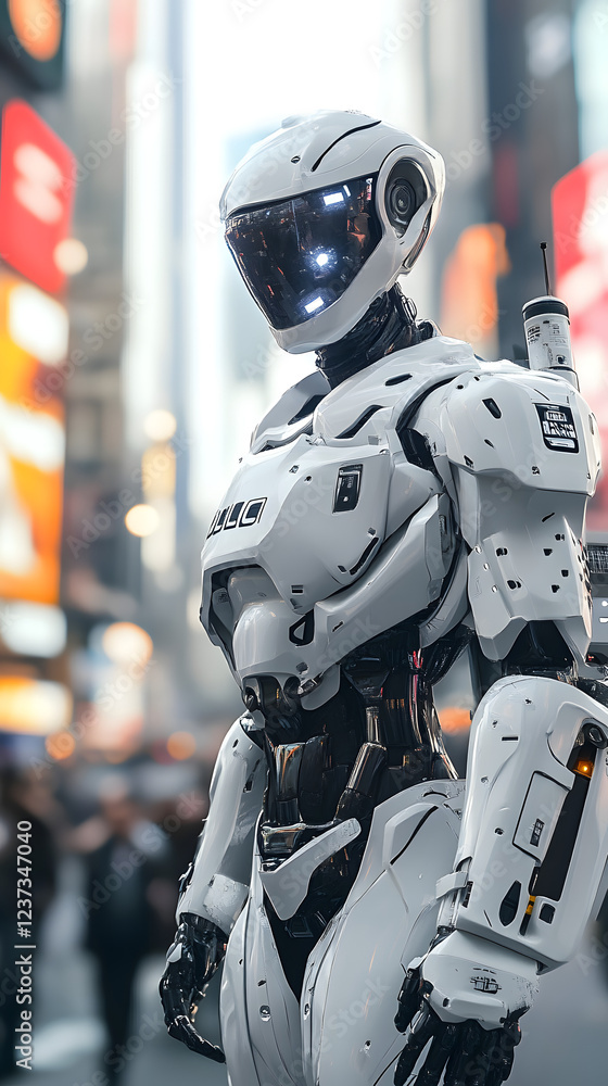A robot police officer patrolling a high-tech city. A robot police officer patrolling a high-tech city.