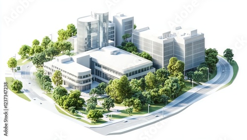 Isometric Model of a Modern Hospital Building on a City Map. AI generated illustration