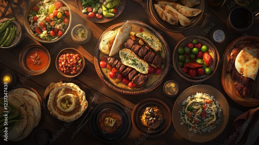 A vibrant spread of Mediterranean dishes, including z_COMPAT 서비스 babelcon kebab and hummus with pita bread, fresh vegetables in b bending plates, and traditional rice platter on an old wooden ta A vibrant spread of Mediterranean dishes, including z_COMPAT 서비스 babelcon kebab and hummus with pita bread, fresh vegetables in b bending plates, and traditional rice platter on an old wooden ta