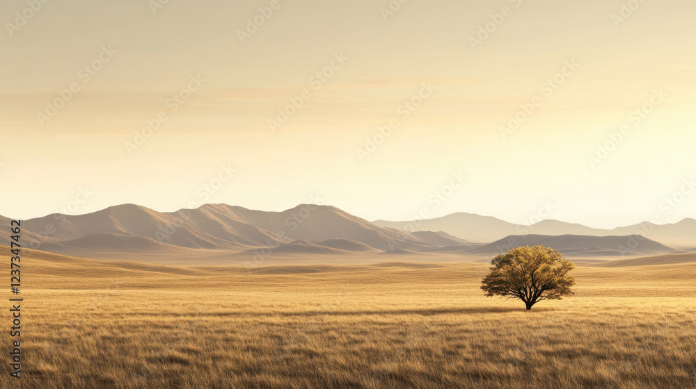 Fototapeta premium serene desert landscape at dawn featuring rolling hills and solitary tree. soft pastel hues create tranquil atmosphere, inviting reflection and peace
