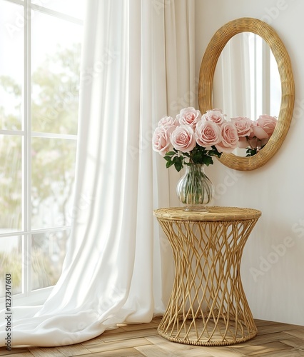 Elegant Gold Rattan Table with Mirror and Pink Roses in Bright Room. AI generated illustration