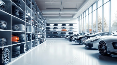 Modern Car Tire Shop with Stacked Tires and Cars on White Floor. AI generated illustration
